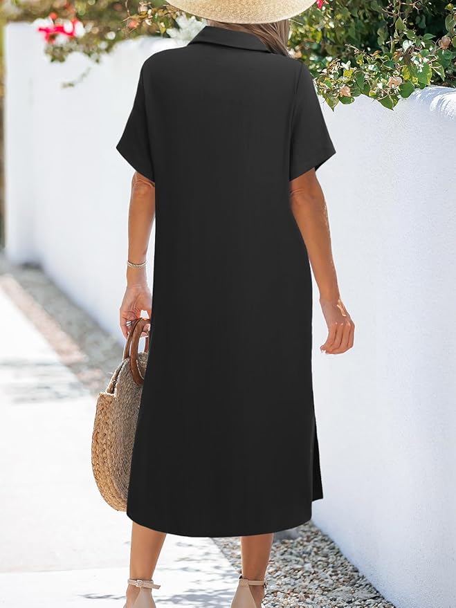 Zeagoo Women Dresses Summer Casual Short Sleeve Button Down Shirt Dresses 2025 Beach Cover Up with Pockets