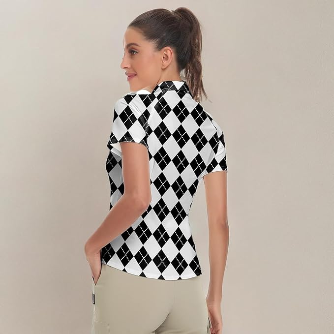 Women's Golf Shirt Short Sleeve Tennis Shirt Quarter Zip Golf Pullover Golf Polo Shirts Argyle Tops