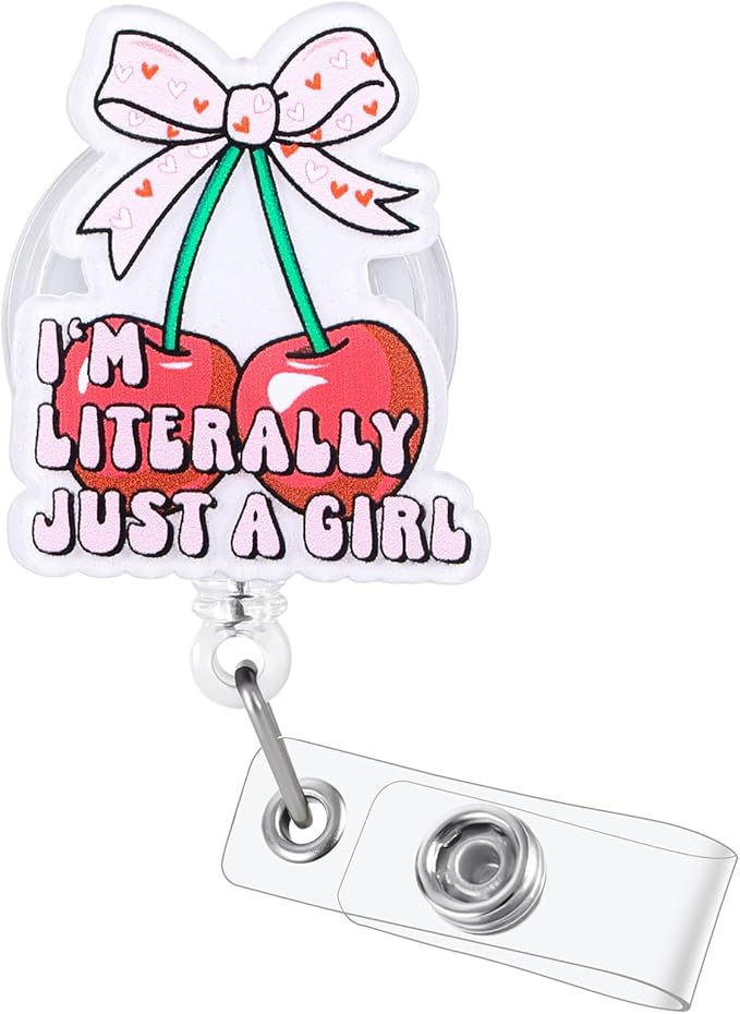 I'm Literally Just A Girl Cherry Bow Funny Nurse Badge Reel, Cute Pink Fruit Heart Retractable ID Card Pediatric Badge Holder, Name Tag Badge Buddy for RN CNA MA Nursing Student Medical Social Workers