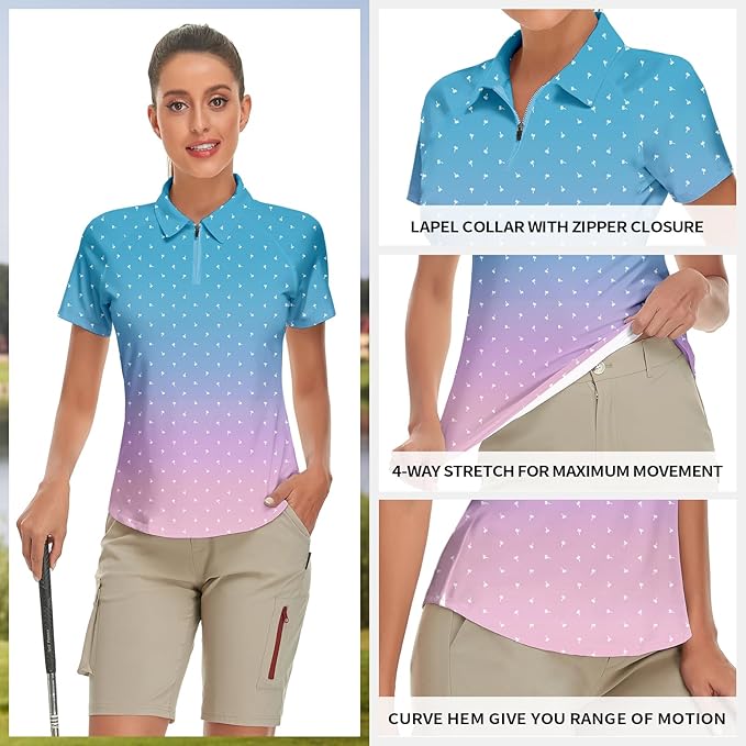 Women's Golf Shirt Short Sleeve Tennis Shirt Quarter Zip Golf Pullover Golf Polo Shirts Argyle Tops