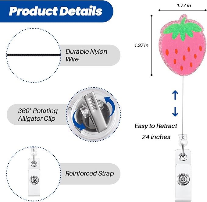 Pink Strawberry Nurse Badge Reel, Cute Retractable ID Medical Work Badge Holder, Name Tag Pediatric Badge Buddy for RN MA CNA LPN LVN OB/GYN RN Nurse Nursing Student Doctor Teacher Medical Workers