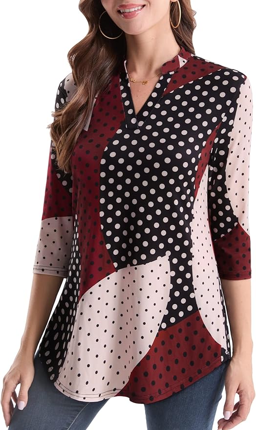 BAISHENGGT 3/4 Sleeve Tops for Women Notch V Neck Floral Work Blouses Dressy Casual Loose Fit Going Out Tunic Tops