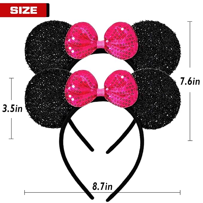 MADO 2 pack mouse ears headbands for adults women little girls boys (sparkle fuchsia, onesize)
