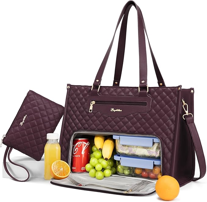 Lunch Tote Bag for Women, 15.6 Inch Laptop Work Bag with Insulated Lunch Box Compartment & Purse Large Capacity Quilted Computer Handbag for Office Business Work Nurse Teacher Travel Casual