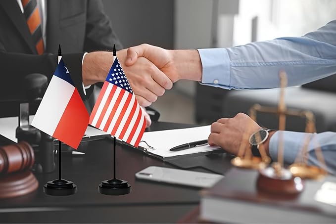 USA American & Chile Chilean Desk Flags, US Chile Office Table Flag, Small Mini Miniature Chilean and US Desktop Flag With 13" Solid Black Pole, Black Base