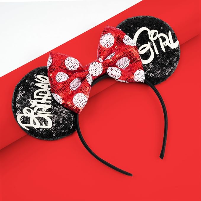 bianbaistar Biabaistar Birthday Mouse Ears Headband – Black Sequin with Red & White Polka Dot Bow, Perfect Cute Users' Birthday Parties, Celebrations, and Fun Events