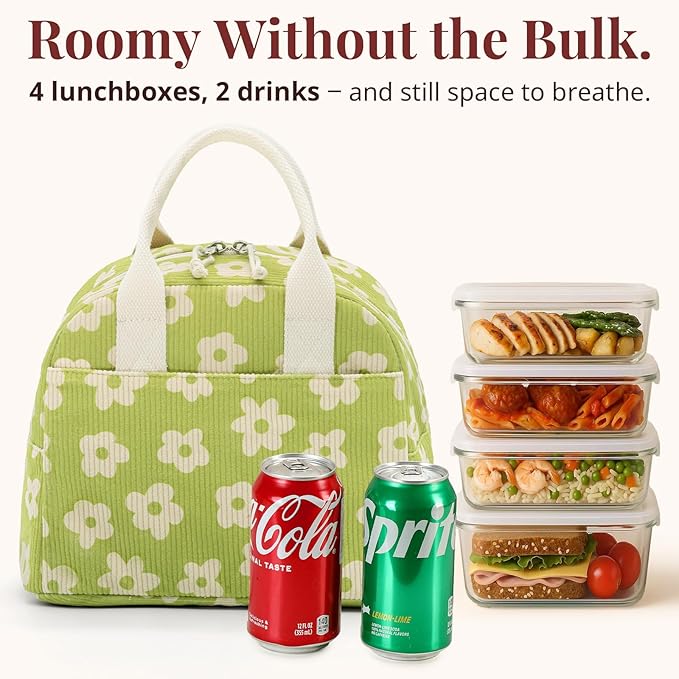 Insulated Floral Lunch Bag for Women, Stylish Corduroy Tote with Aluminum Lining, Large Capacity Reusable Cooler for Work, Travel, Beach or Picnic, Creamy Floral Water-Resistant Lunch Box