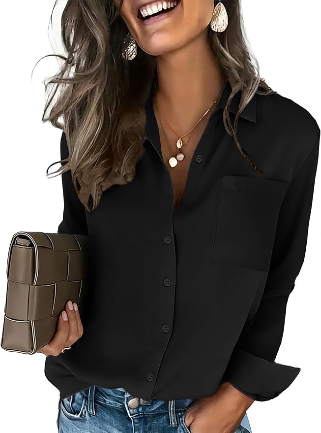 HOTOUCH Button Down Shirts for Women Long Sleeve Blouse Dressy Casual Business Work Tops with Pocket