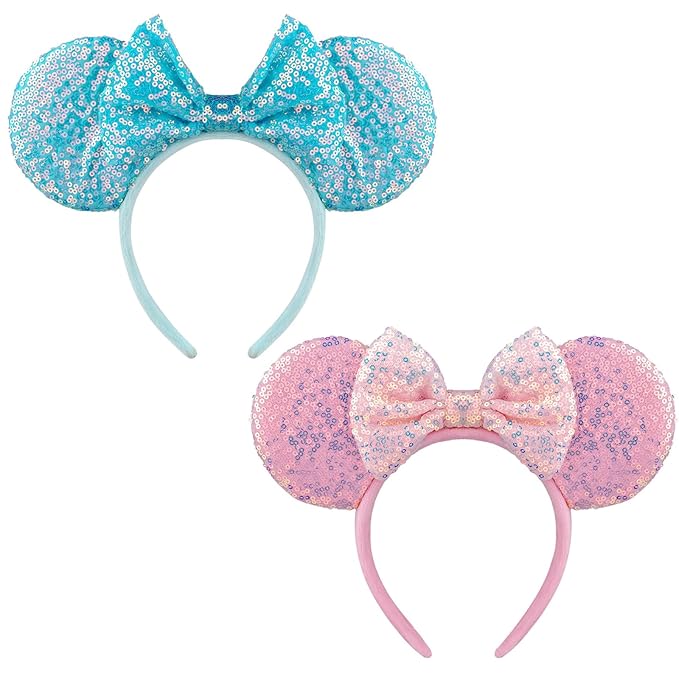 DRESHOW 2 Pack Mouse Ears Bow Headbands Glitter Party Decoration Cosplay Costume for Women