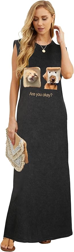 GRECERELLE 2026 Women Year-Round Casual Round Neck Loose Split Wrinkle-Free Long Maxi Vacation Dress with Pockets (XXS-4XL)