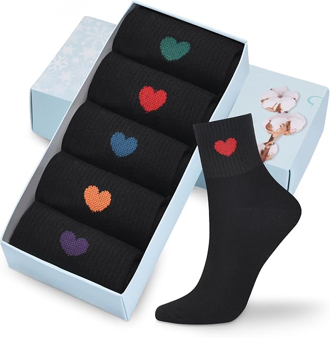 Corlap Women's Cute Cotton Crew Athletic Running Socks - Ankle High, Novelty Fun Heart Design 5-Pairs (Gift Box)
