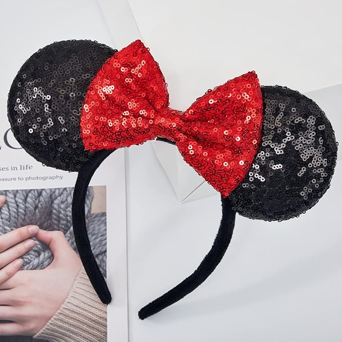 YUNISS 2 PCS Mouse Ears, Shiny Sequin Bow Mouse Ears Headbands for Adult Women Girls Christmas Birthday Party