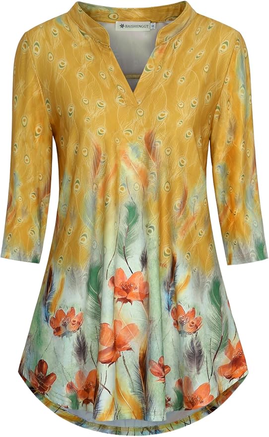 BAISHENGGT 3/4 Sleeve Tops for Women Notch V Neck Floral Work Blouses Dressy Casual Loose Fit Going Out Tunic Tops