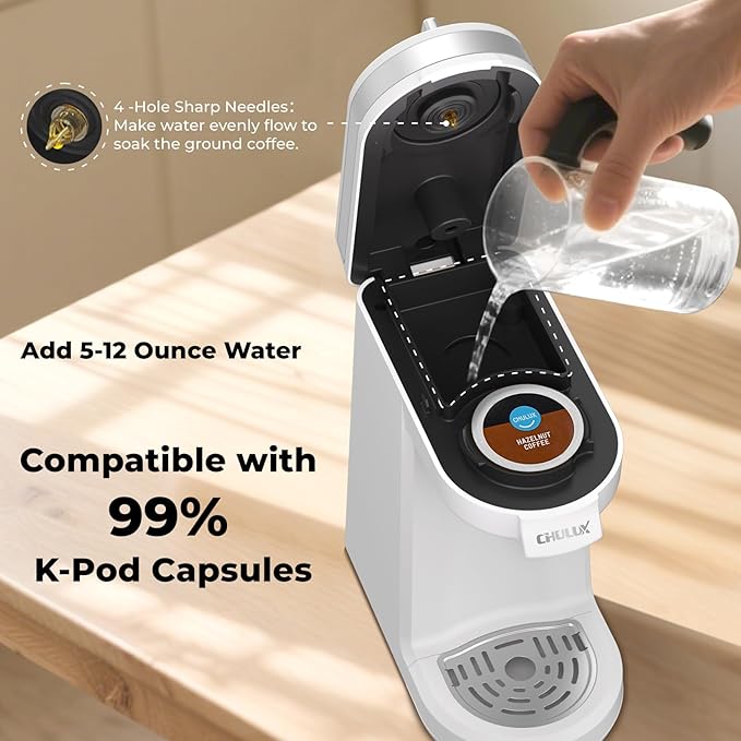 CHULUX Mini Coffee Maker for K Capsule, Single Serve Coffee Maker for One Cup Americano, Lightweight Pod Coffee Machine, Pearl White