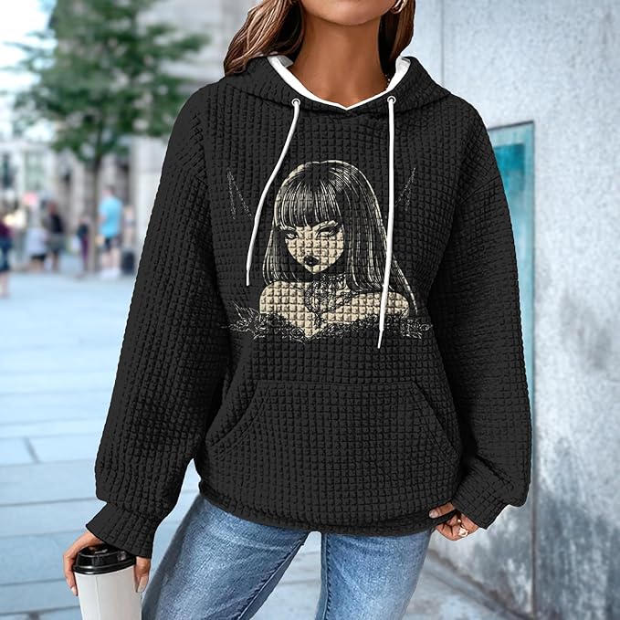 domirica Black Pullover Sweatshirts For Women Trendy Long Sleeve Waffle Sweatshirt With Hood Comfy Fall Clothing Qutfits