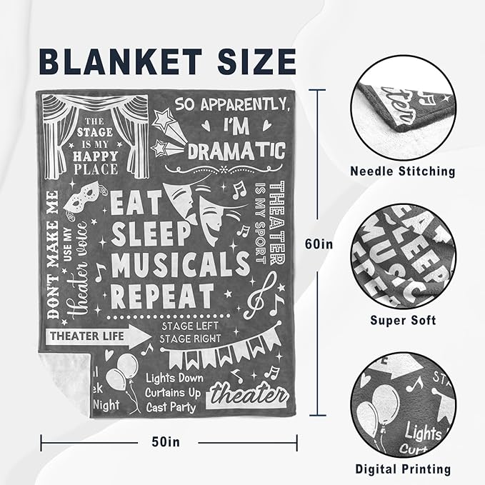 Turelos Theater Gifts, Theatre Gifts Blanket, Musical Theater Gifts, Gifts for Theater Lovers, Gifts for Theater Actors, Theatre Gifts for Women, Broadway Gift Throw Blanket 60x50in