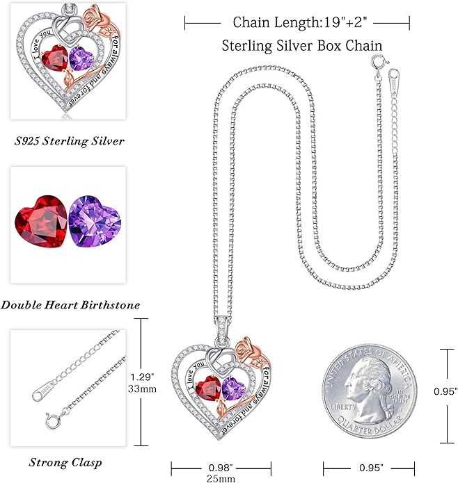 Iefil Valentines Day Gifts for Her - 925 Sterling Silver Double Birthstone Necklace, Anniversary Birthday Gifts for Women, Jewelry Gift for Wife Girlfriend Mom Her