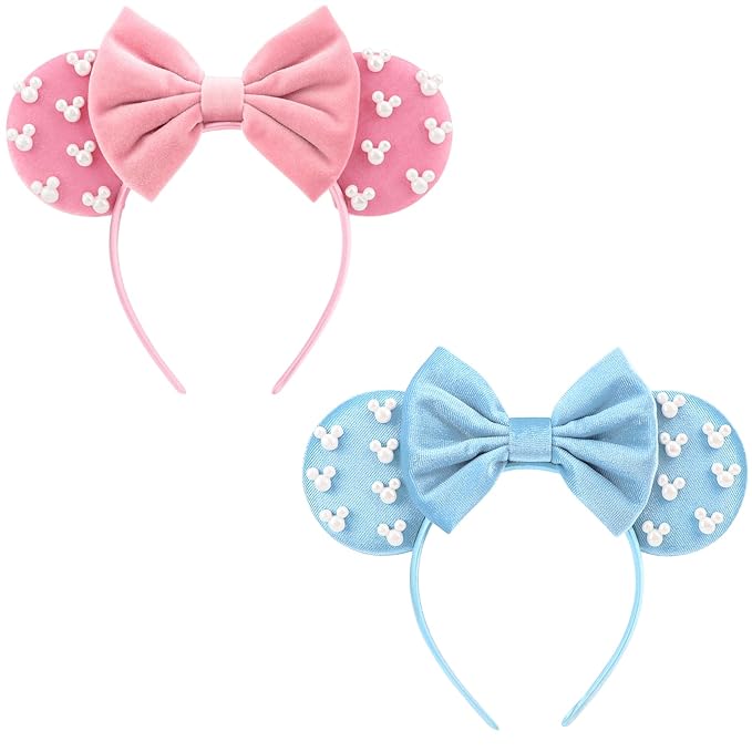 DRESHOW Mouse Ears Headbands for Women Pearl Hairbands Bow Head bands Velvet Head band Christmas Cosplay Costume Princess Party Decorations Halloween & Disney Trip
