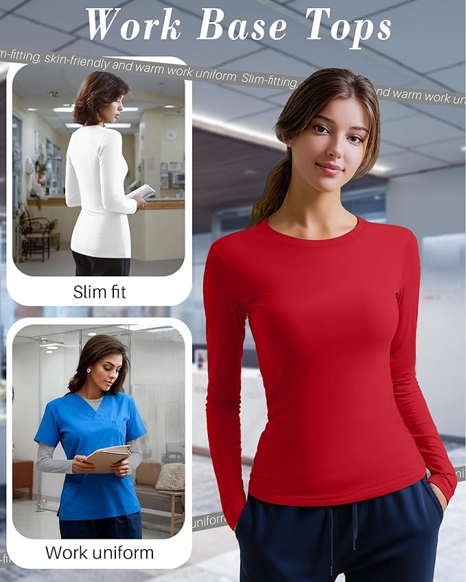 4 Pack Women's Underscrub Shirts Nurse Undershirts Long Sleeve Crewneck Slim Fit Tops Soft Stretchy Basic Tee