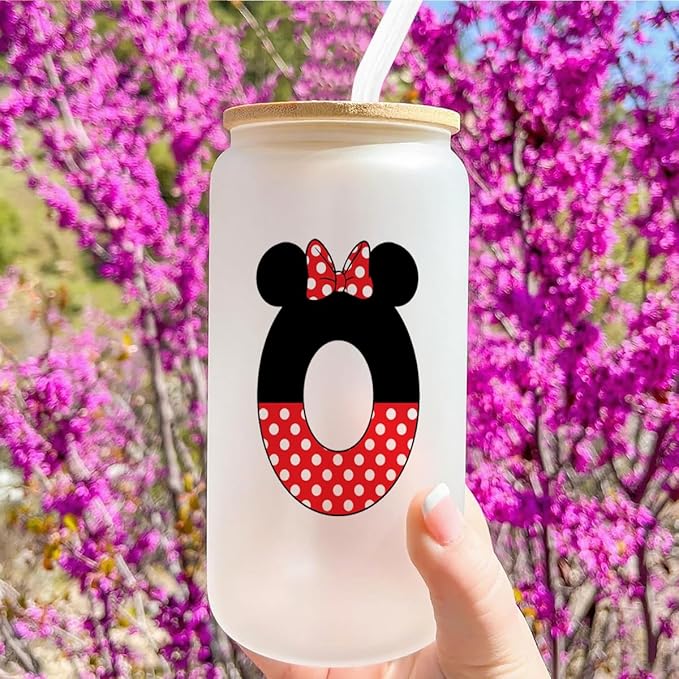 Cute Cartoon Mouse Lover Gifts Initial A-Z Personalized Iced Coffee Cup Magic Mouse Stuff Wizard Gift 16oz Glass Cup with Lid and Straws Birthday Christmas Gifts for Women Teen Girls (Letter O)