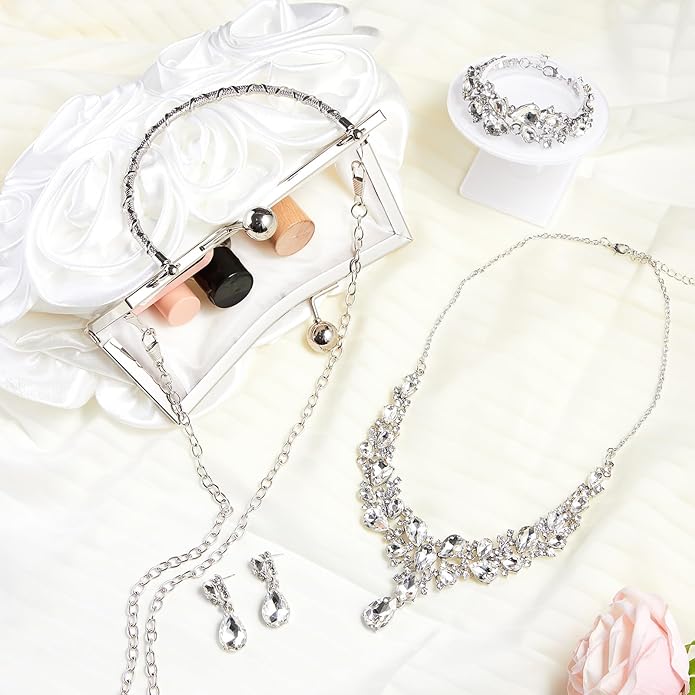4 Pcs Flower Clutch Rhinestone Jewelry Set Rose Clutch Handbags with Detachable Strap Detachable Necklace Earrings Bracelets for Wedding Party Prom Valentine Gift