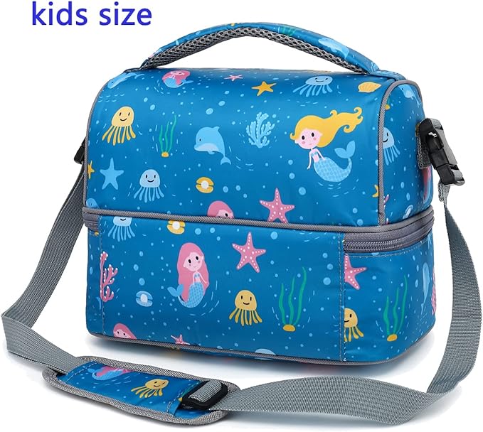 FlowFly Double Decker Cooler Insulated Lunch Bag Large Tote for Boys, Girls, Men, Women, With Adjustable Strap (Blue-Mermaid)