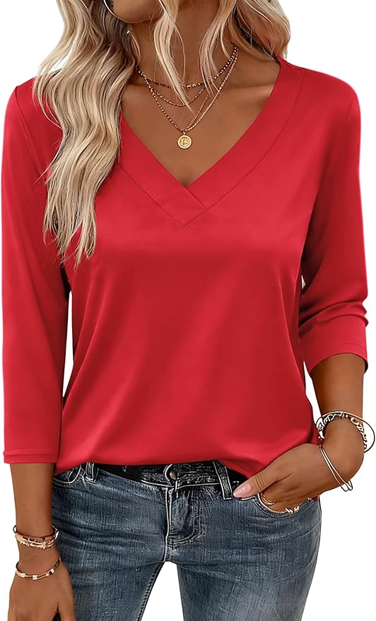 Zeagoo 3/4 Length Sleeve Womens Tops V Neck Shirt Dressy Casual Blouse Basic Tshirts 2026 Fashion Clothing S-2XL