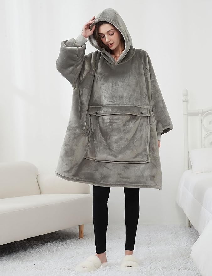KFUBUO Wearable Blanket Hoodie for Adults Sherpa All Patterns Oversized Sweatshirt Blanket with Pockets Gifts for Mom Grey