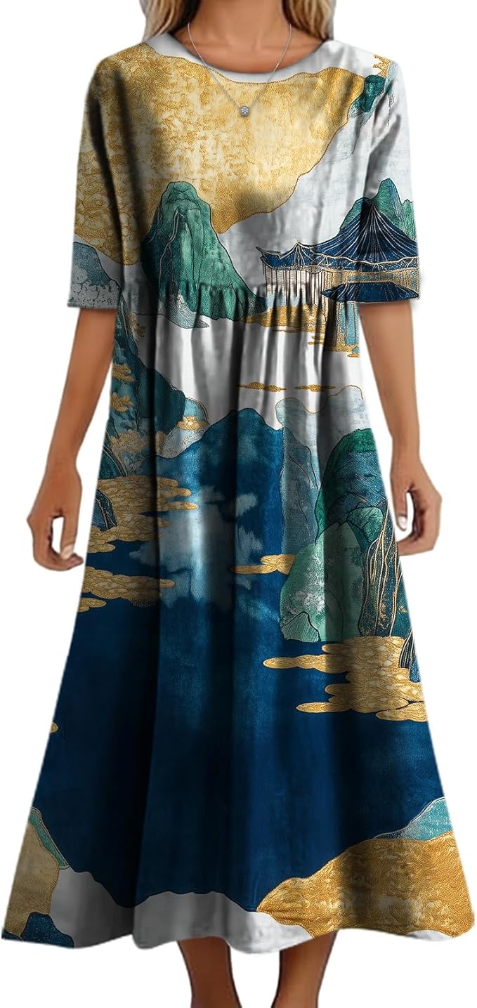 MARSVOVO Trendy Dresses for Women 2025 Classic Fairy Flowy Sundress Relaxed Fit Dress with Side Pockets