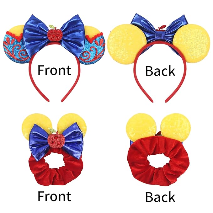 zhezesmila Shiny Mouse Ears Headband Snow White Scrunchies with Bow Princess Costume Headwear for Women Head Band Accessories for Carnival Party