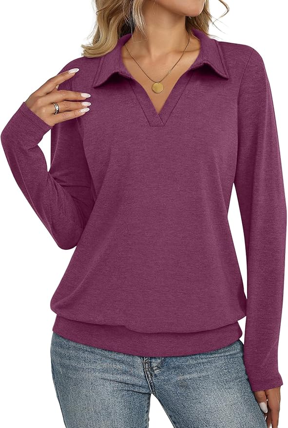 Womens Polo Shirts Long Sleeve Banded Bottom Tops Business Casual Tops Collared V Neck Blouses