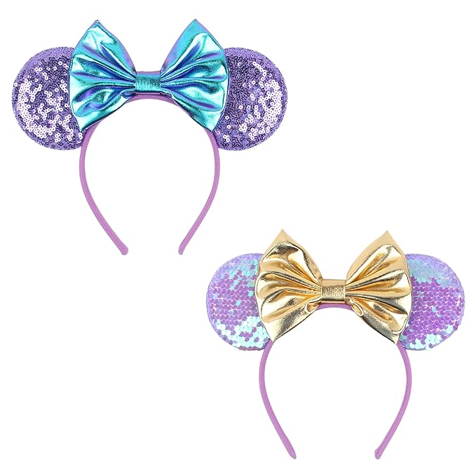 zhezesmila 2 Pcs Shiny Mouse Ears Headbands, Mermaid Mouse Ears headbands with Bow Hairs Accessories for Girls Women Adult Kids Birthday Party