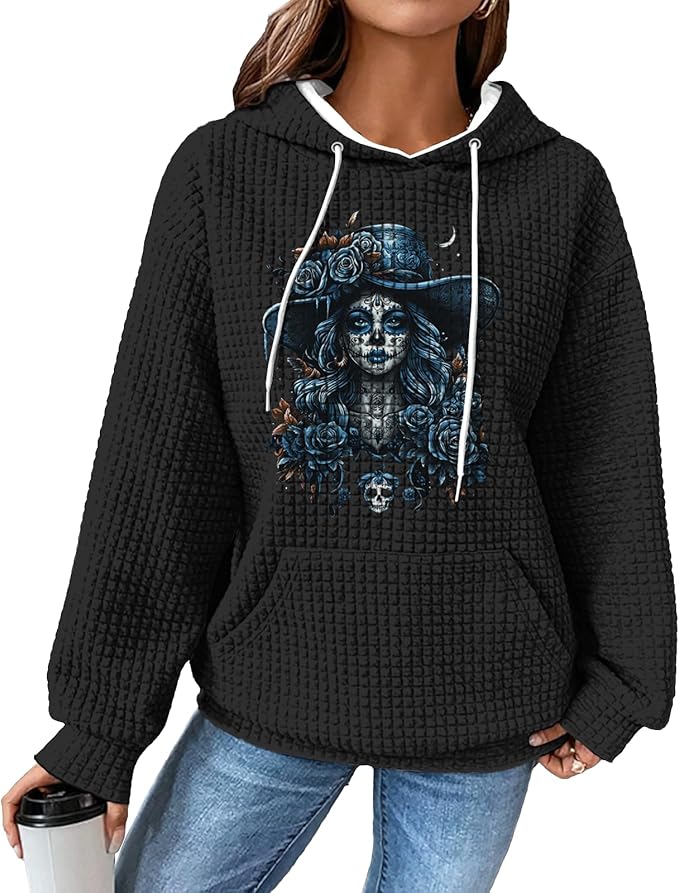 domirica Black Pullover Sweatshirts For Women Trendy Long Sleeve Waffle Sweatshirt With Hood Comfy Fall Clothing Qutfits