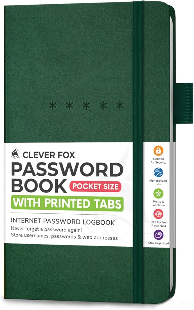 Clever Fox Password Book – Alphabetized Internet Address & Password Organizer - Computer & Website Password Keeper Notebook – Log-In Password Journal – Pocket, 6.2x3.5″, Hardcover (Dark Green)