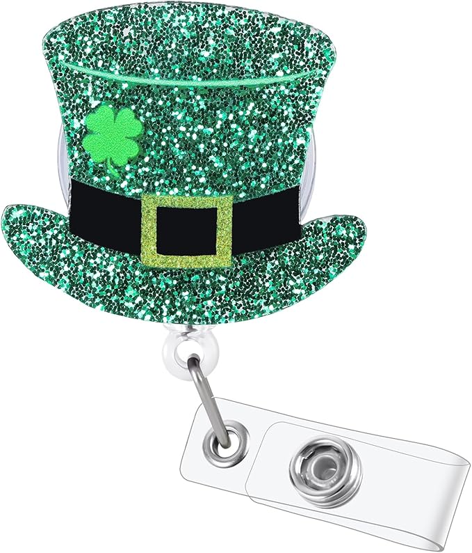 St. Patrick's Day Funny Badge Reel | Cute Retractable ID Card Green Top Hat Badge Holder | Name Tag Work Badge Clip for RN LPN CNA MA ER Night Shift Nurse Nursing Student Doctor Teacher | Acrylic