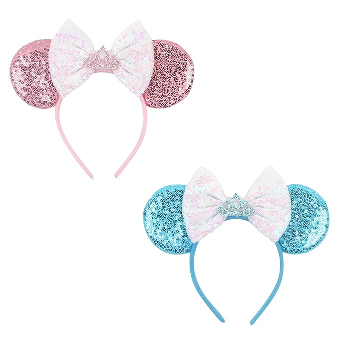 zhezesmila Sequins Mouse Ears 2 Pcs Headbands Princess Crown Pink & Blue Sequin Bow Headband Hair Accessories for Princess Costume Birthday Party