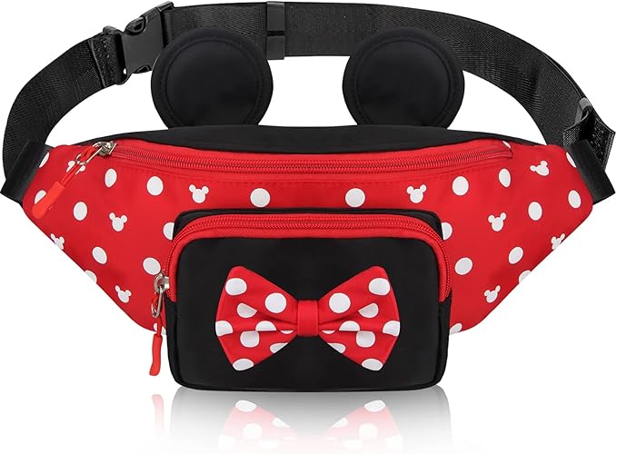 Cute Fanny Pack for Girls Kids Travel Waist Pack Bowknot Polka Dot Mini Mouse Fanny Packs Teen Girls Cartoon Belt Bag Hiking Bum Bags Outdoor Waist Bag with Mouse Ears