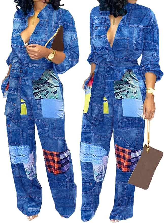 SeNight Women's Jumpsuits Elegant Business Casual Button Down V Neck Long Sleeve Strap Straight Long Pants With Pockets