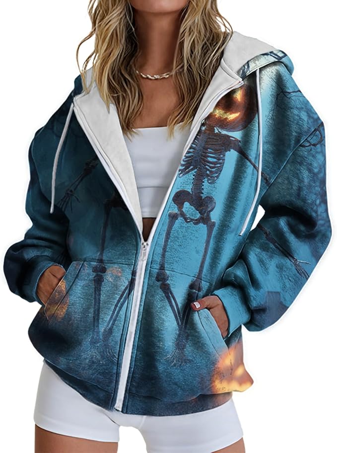 domirica Halloween Hoodie Lightweight Zip Hoodies For Women Fall Casual Vintage Sweatshirt Casual Wear Fashion Outfits