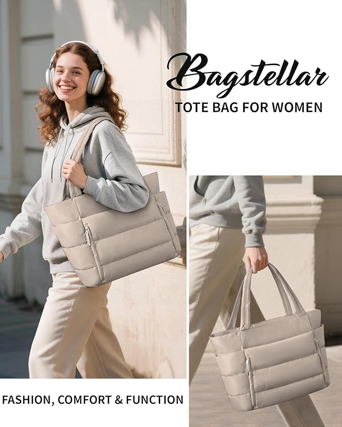 Puffer Tote Bag for Women, Lightweight Puffy Work Handbag Teacher Nurse Quilted Shoulder Bag for School Travel Gym | Quilted, with Zipper, Daily Carry On Bags, Comfy College Bags, 15.6" Laptop Sleeve, Cup Holder Pocket, Portable, Spacious