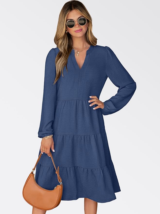 ANRABESS Womens Fall Midi Dresses Long Sleeve V Neck Swing Tiered Work Business Casual 2026 Flowy Beach Vacation Dress