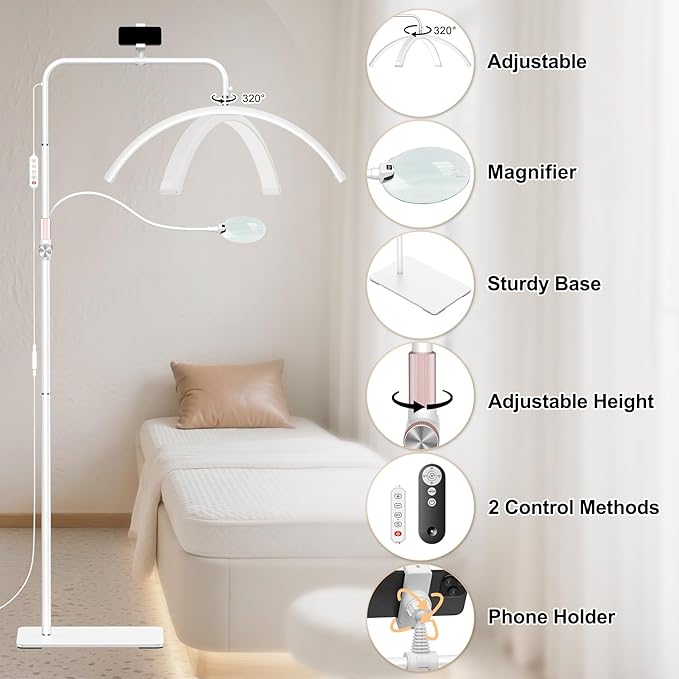 Half Moon Lash Light - Adjustable LED Floor Lash Lamp with 4X Magnifier & Phone Holder for Eyelash Extensions,Nail Art,Tattoo,Skincare,Salon SPA-Dimmable Brightness,Rotating Head, White