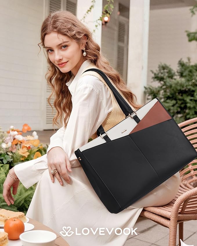 LOVEVOOK Lunch Tote Bag for Women, 3 in 1 Work Bag with Leakproof Cooler Compartment, Laptop Bag with Large Cup Holder for Office, College, Casual, Beige-black-brown