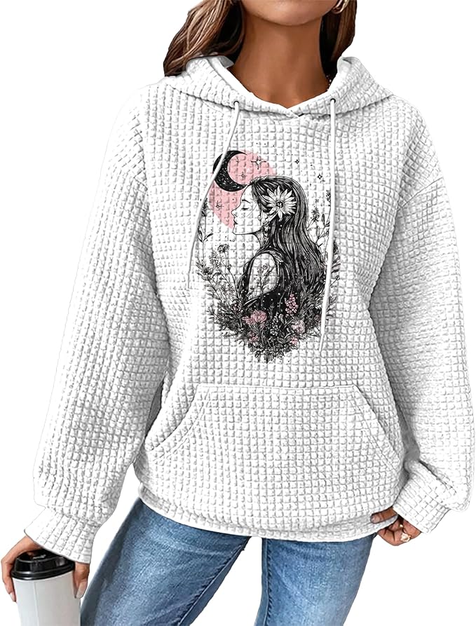 domirica Pullover Sweatshirts For Women Drawstring Long Sleeve Waffle Sweatshirt With Pocket Vintage Street Wear Qutfits