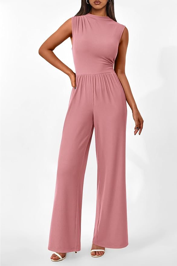 PRETTYGARDEN Womens Summer Jumpsuits Dressy Casual One Piece Outfits Sleeveless Mock Neck Wide Leg Pants Rompers with Pockets