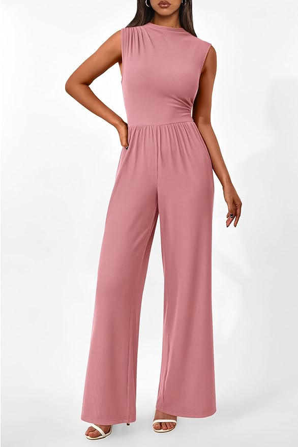 PRETTYGARDEN Womens Summer Jumpsuits Dressy Casual One Piece Outfits Sleeveless Mock Neck Wide Leg Pants Rompers with Pockets
