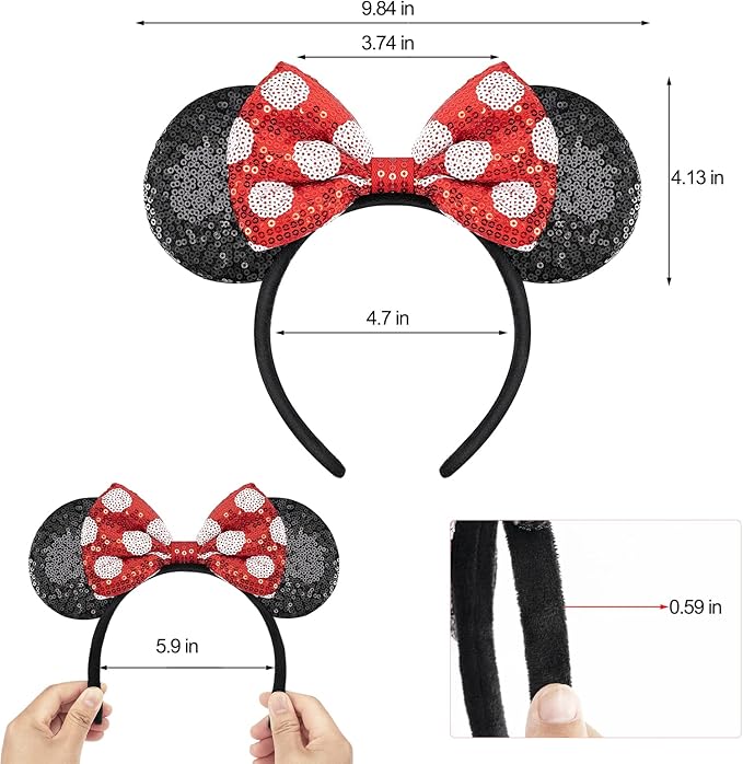 YUNISS 2 PCS Mouse Ears, Shiny Sequin Bow Mouse Ears Headbands for Adult Women Girls Christmas Birthday Party
