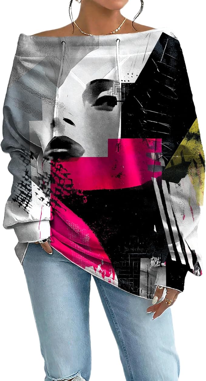 Womens Sweatshirts Floral Print Sexy Off The Shoulder T Shirts Oversized Long Sleeve Pullover Fall Tops