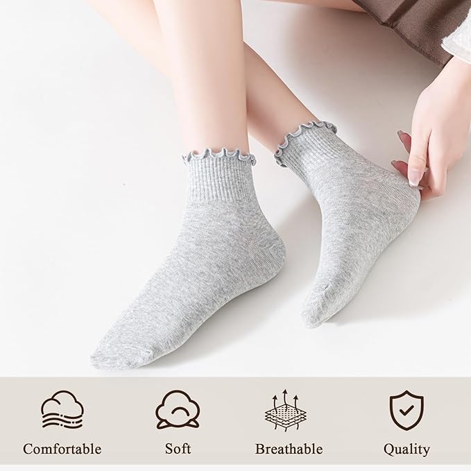 BIVOLU Womens Ankle Socks Ruffle Cotton Cute Frilly Trim Breathable Ankle Ruffled Socks 6 Pack