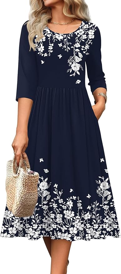 Zeagoo 3/4 Sleeve Women's Dress Casual Flowy A-Line Midi Tshirt Dresses with Pockets Crewneck Vocation Boho Beach Sundress